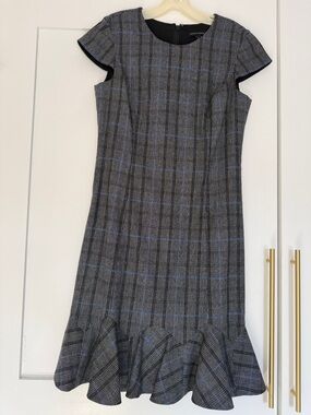 Banana Republic Gray Plaid Midi Dress with Blue Windowpane
